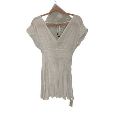 CUPSHE White V Neck Smocked Waist Swim Cover Up Dress Beach Pool Vacation Medium - Thumbnail 2