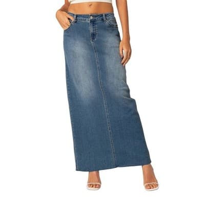 Edikted Elowyn Slitted Denim Maxi Skirt Blue XL - Image 1