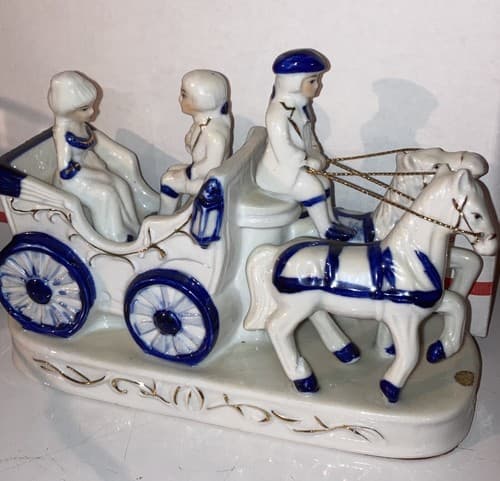 Vintage Ceramic Blue and White Family Porcelain Car With Lady & Coachman - Image 1