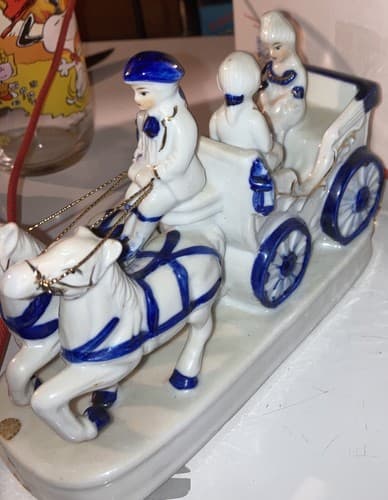Vintage Ceramic Blue and White Family Porcelain Car With Lady & Coachman - Thumbnail 2