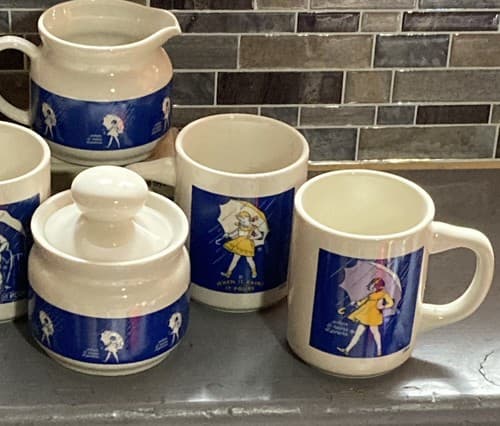 Morton Salt Coffee Mugs, Vintage 6 Pc Set Cream & Sugar, When It Rains It Pours - Thumbnail 3