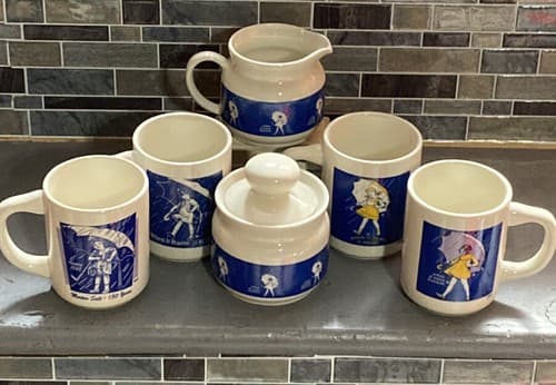Morton Salt Coffee Mugs, Vintage 6 Pc Set Cream & Sugar, When It Rains It Pours - Image 1