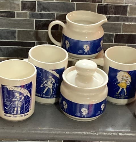 Morton Salt Coffee Mugs, Vintage 6 Pc Set Cream & Sugar, When It Rains It Pours - Thumbnail 2