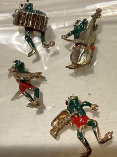 4 Hand Painted Lapel Pins Frog Musicians Accordion Guitar Silver Vintage Rare - Image 1