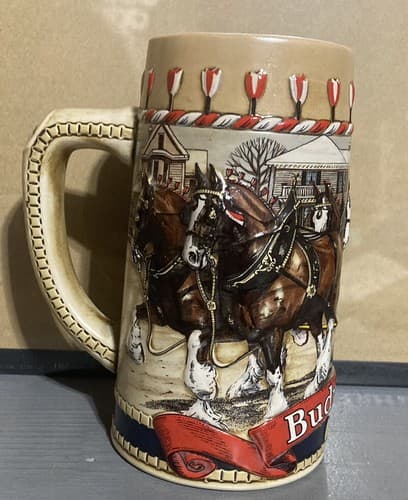 1986 Budweiser Holiday Stein CS66 Clydesdales Traditional Houses Ceramarte - Image 1