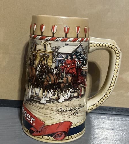 1986 Budweiser Holiday Stein CS66 Clydesdales Traditional Houses Ceramarte - Thumbnail 3