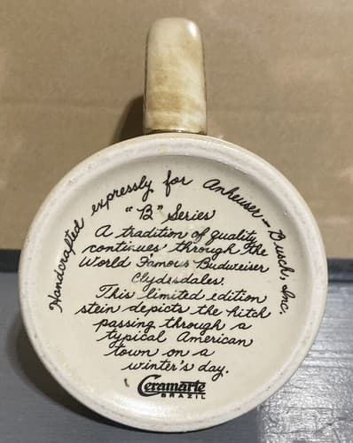 1986 Budweiser Holiday Stein CS66 Clydesdales Traditional Houses Ceramarte - Thumbnail 5