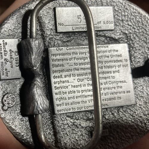 LTD. EDITION #593/5000 VET FOREIGN WAR HONORABLE BELT BUCKLE HEAVY 1993-1994 - Thumbnail 3