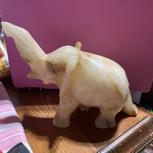 Vintage Onyx Stone Carved Elephant Raised Trunk Sculpture - Image 1