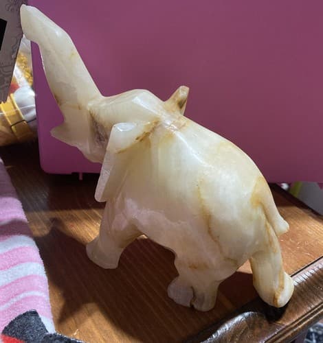 Vintage Onyx Stone Carved Elephant Raised Trunk Sculpture - Thumbnail 6