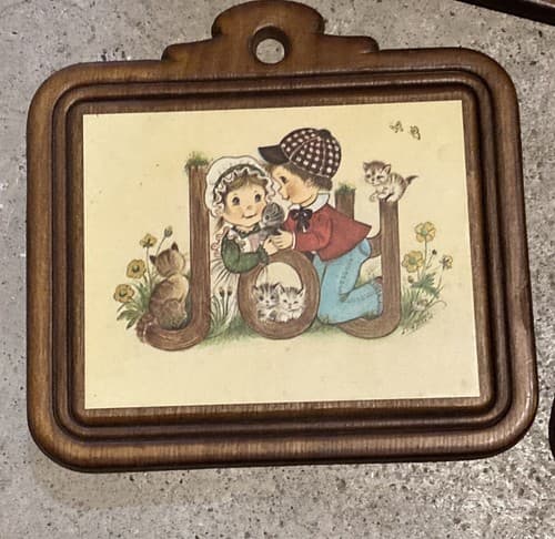 Old Eva Harta wood Plaque, boy girl, Joy” Faith, Hobo Stick Pot C - Thumbnail 4