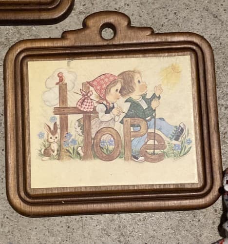Old Eva Harta wood Plaque, boy girl, Joy” Faith, Hobo Stick Pot C - Thumbnail 3