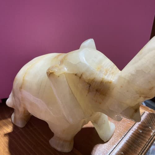 Vintage Onyx Stone Carved Elephant Raised Trunk Sculpture - Thumbnail 4