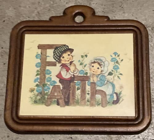 Old Eva Harta wood Plaque, boy girl, Joy” Faith, Hobo Stick Pot C - Thumbnail 5