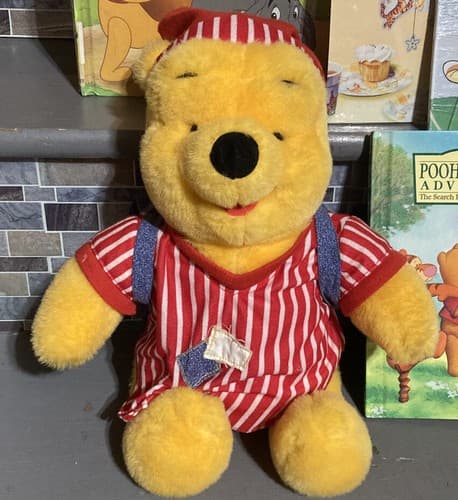 WINNIE POOH BEAR IN PAJAMAS Nightshirt Cap, & BACKPACK 1998 Disney Mattel 14” - Image 1