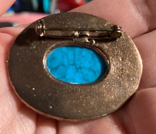 Turquoise Point Oval Brooch Marble Accent Southwest DesertCraft VTG Heavy - Thumbnail 4