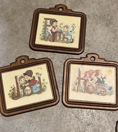 Old Eva Harta wood Plaque, boy girl, Joy” Faith, Hobo Stick Pot C - Thumbnail 2