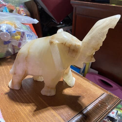 Vintage Onyx Stone Carved Elephant Raised Trunk Sculpture - Thumbnail 2