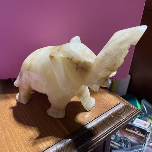 Vintage Onyx Stone Carved Elephant Raised Trunk Sculpture - Thumbnail 3