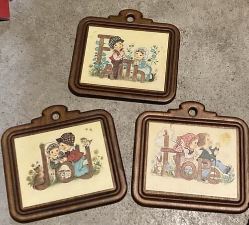 Old Eva Harta wood Plaque, boy girl, Joy” Faith, Hobo Stick Pot C - Image 1