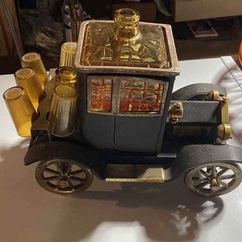 1960’s Ford Model T 1915 Liquor Decanter Japan Music Box w 6 Shot Glasses! WORKS - Image 1