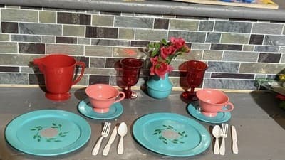 Vintage Pretend Play Tea Set Teal, Pink, Red - Image 1