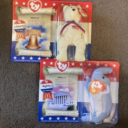 2 New Ty Teenie Beanie Baby Libearty Patriotic Bear W/ Lefty The Elephant - Image 1