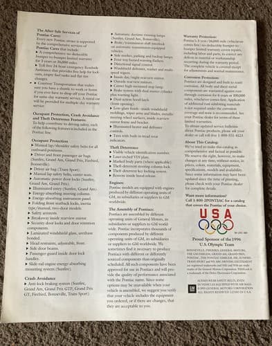 1996 Pontiac Brochure w/ Color Charts: FIREBIRD,TRANS,GRAND AM,PRIX,BONNEVILLE, - Thumbnail 3