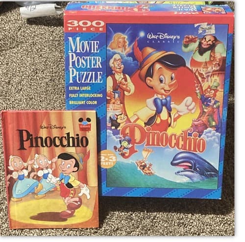2 VTG Pinocchio 300/55 Pc Movie Puzzles, Madame Fig, & Book Collection - Thumbnail 2