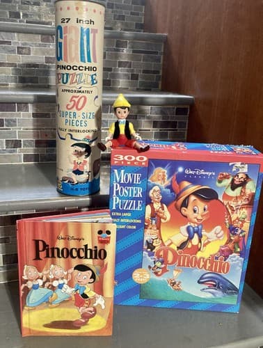 2 VTG Pinocchio 300/55 Pc Movie Puzzles, Madame Fig, & Book Collection