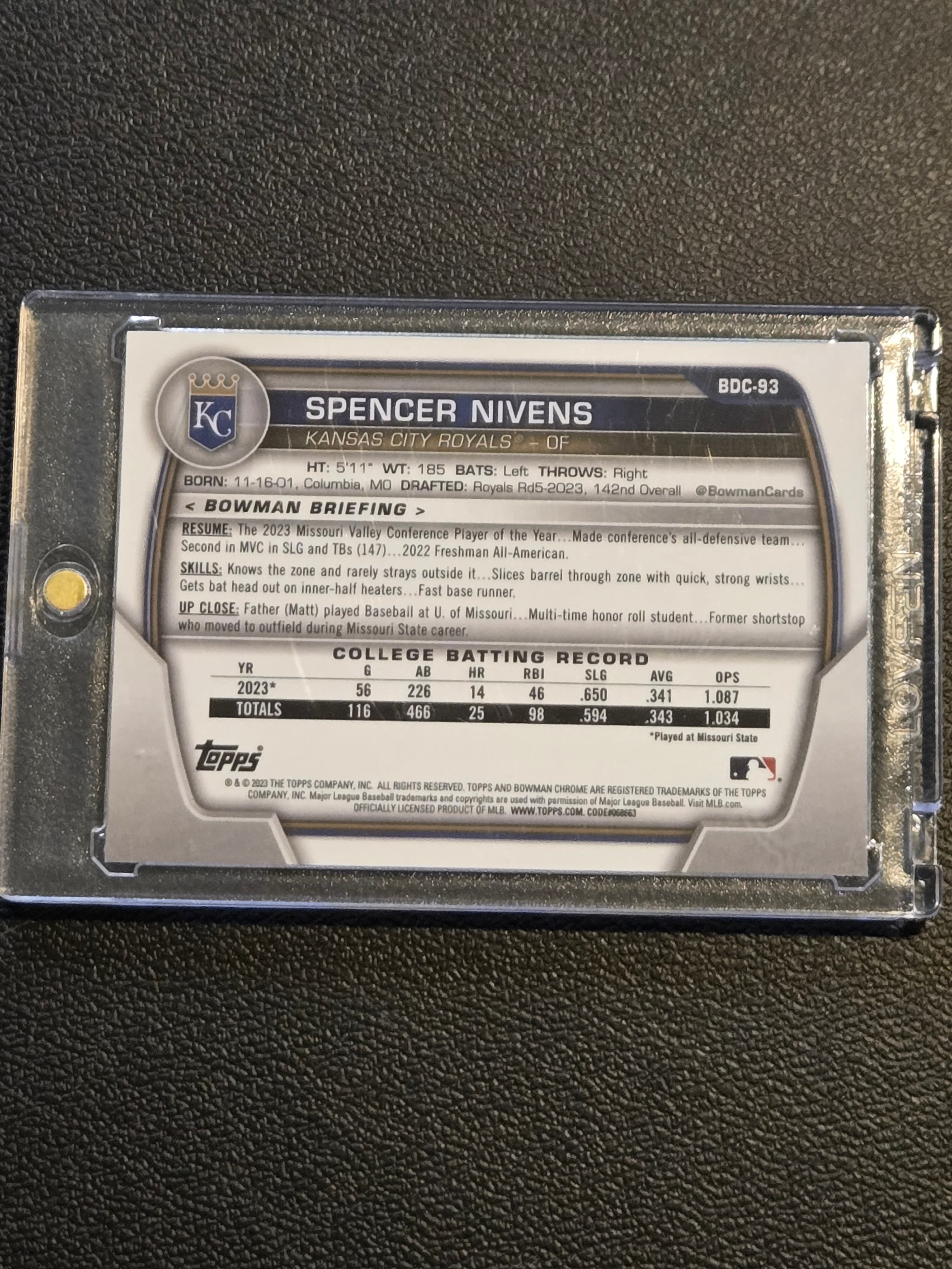 2023 Bowman Draft #BDC-93 Spencer Nivens Chrome Sparkle Refractor - Thumbnail 2