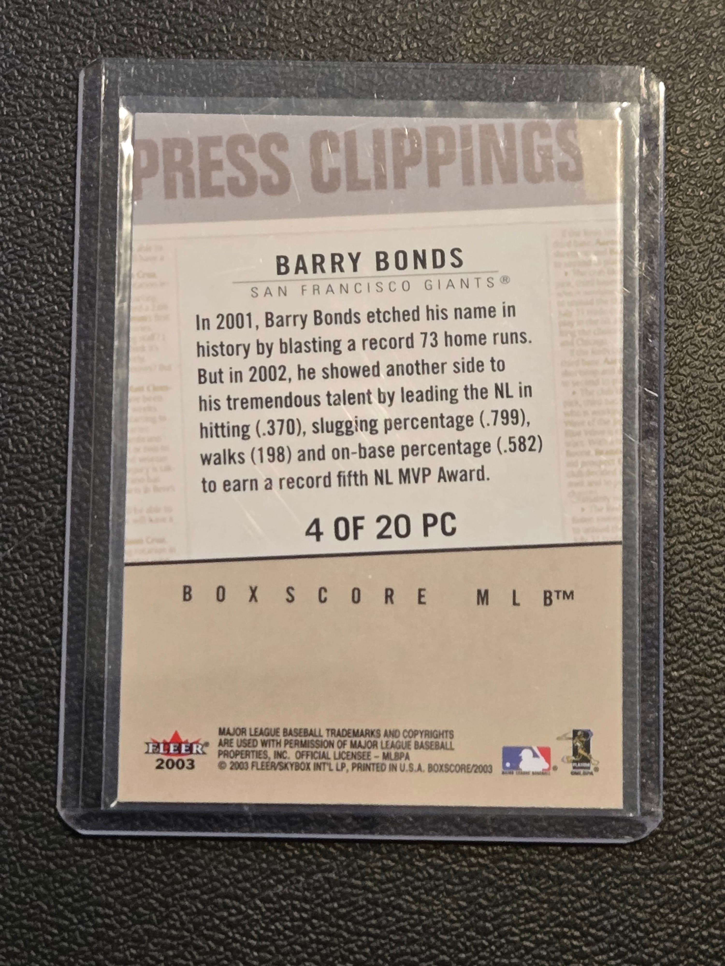 2003 Fleer Box Score #4 PC Barry Bonds Press Clippings - Thumbnail 2