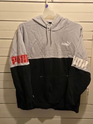 Puma Hoodie Mens XXL Gray Black Colorblock Pullover Logo Sleeve Kangaroo Pocket - Image 1