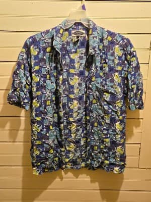 Supplies Shirt Mens M Blue Green Abstract Crinkle Short Sleeve Button Up Casual - Image 1