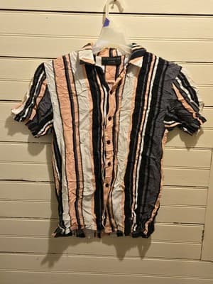 No Boundaries Blouse Womens S Striped Short Sleeve Button Front Vertical Peach - Image 1