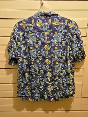 Supplies Shirt Mens M Blue Green Abstract Crinkle Short Sleeve Button Up Casual - Thumbnail 3