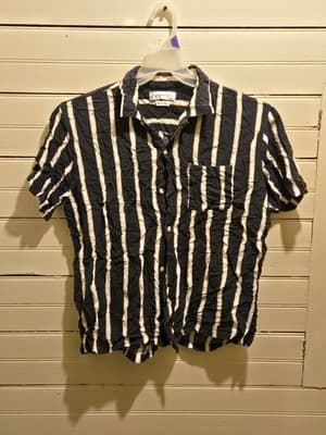 Urban Outfitters Shirt Mens L Navy White Vertical Stripe Short Sleeve Rayon - Image 1