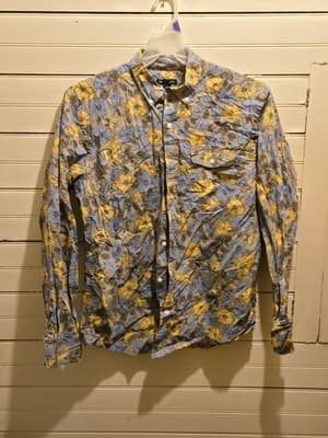 Gap Shirt Mens L Slim Fit Floral Button Up Long Sleeve Blue Yellow Casual Woven - Image 1