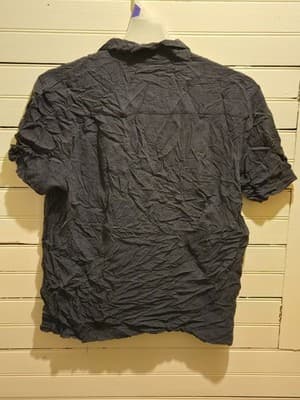 Via Europa Shirt Mens XL Short Sleeve Button Up Crinkle Texture Navy Rayon Print - Thumbnail 3