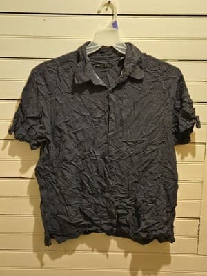 Via Europa Shirt Mens XL Short Sleeve Button Up Crinkle Texture Navy Rayon Print - Image 1