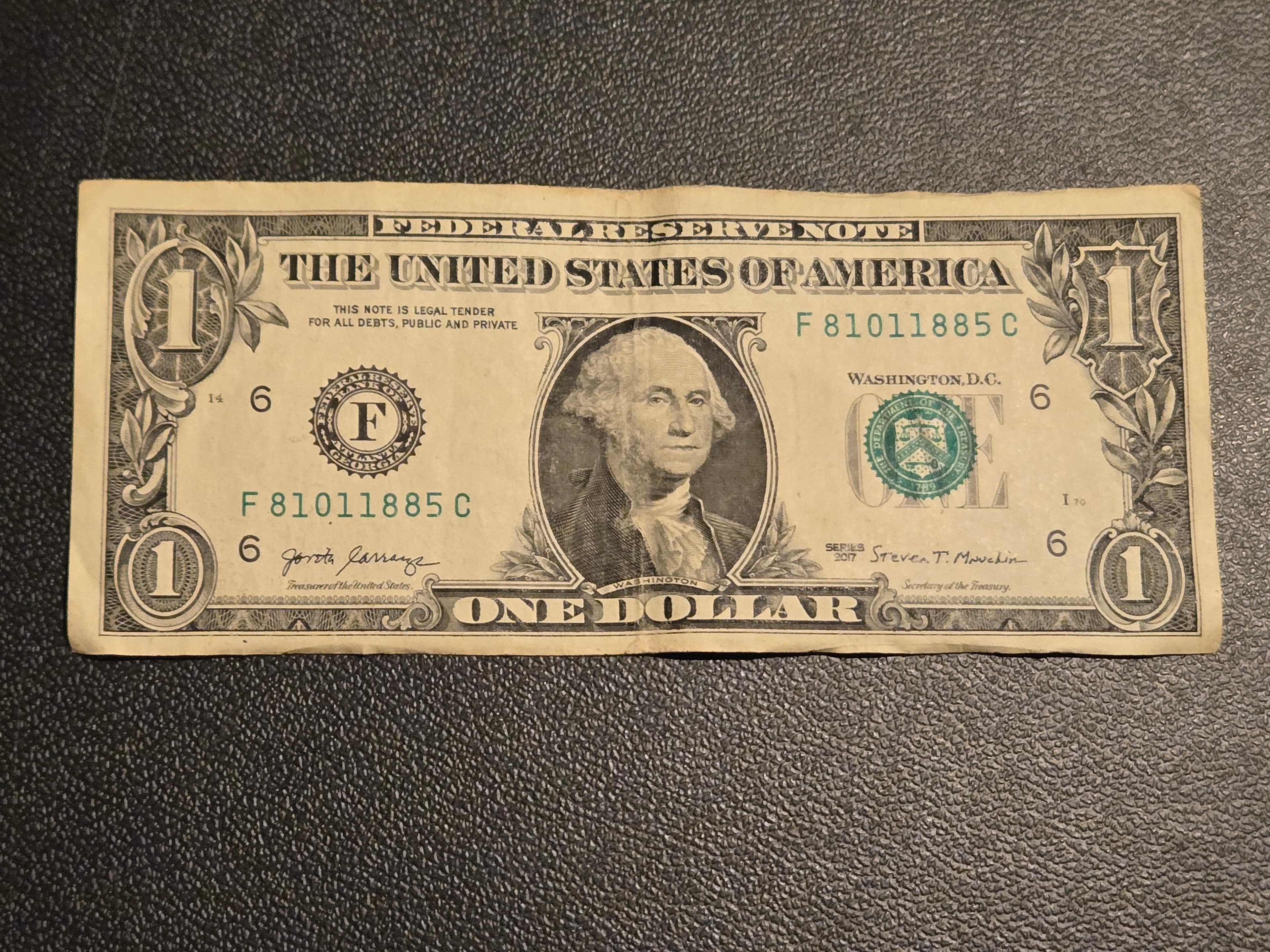 2017 $1 One Dollar Bill Federal Reserve Note Atlanta F Carranza Mnuchin - Image 1