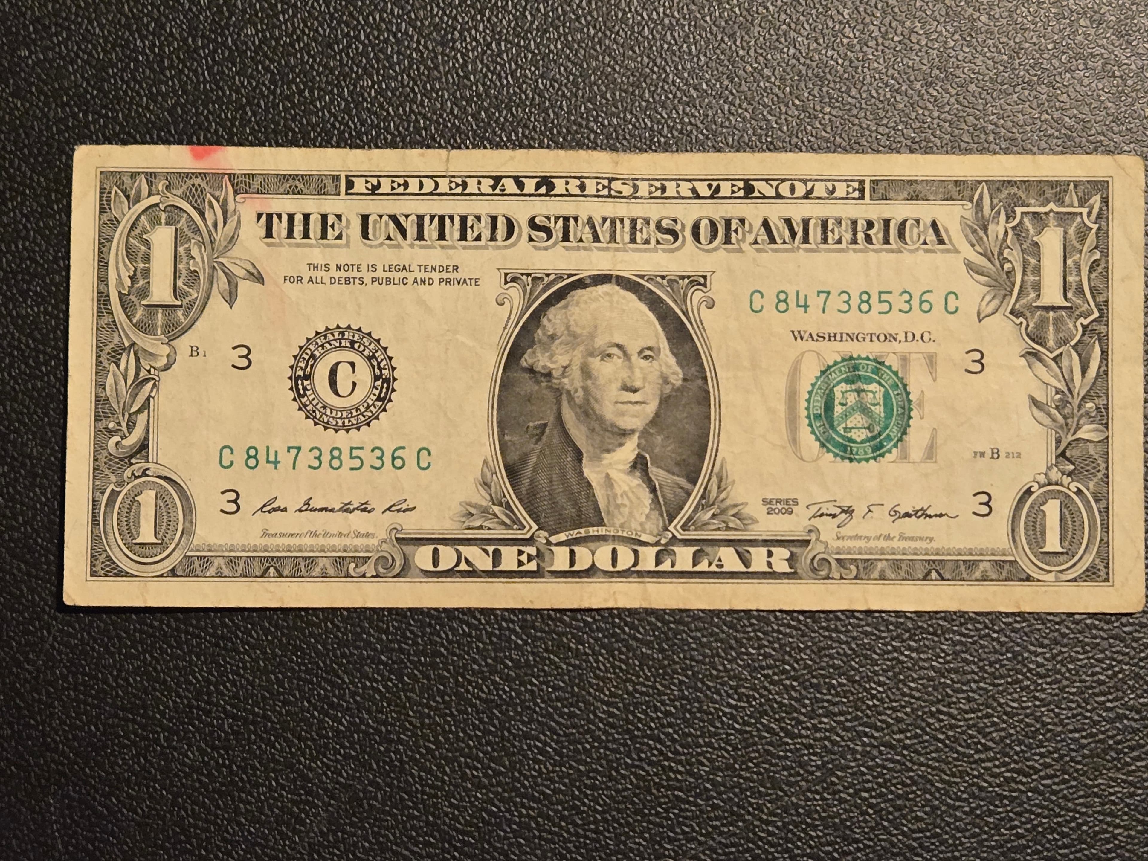 2009 Series $1 One Dollar Bill Federal Reserve Note Philadelphia C - Circulated - Image 1
