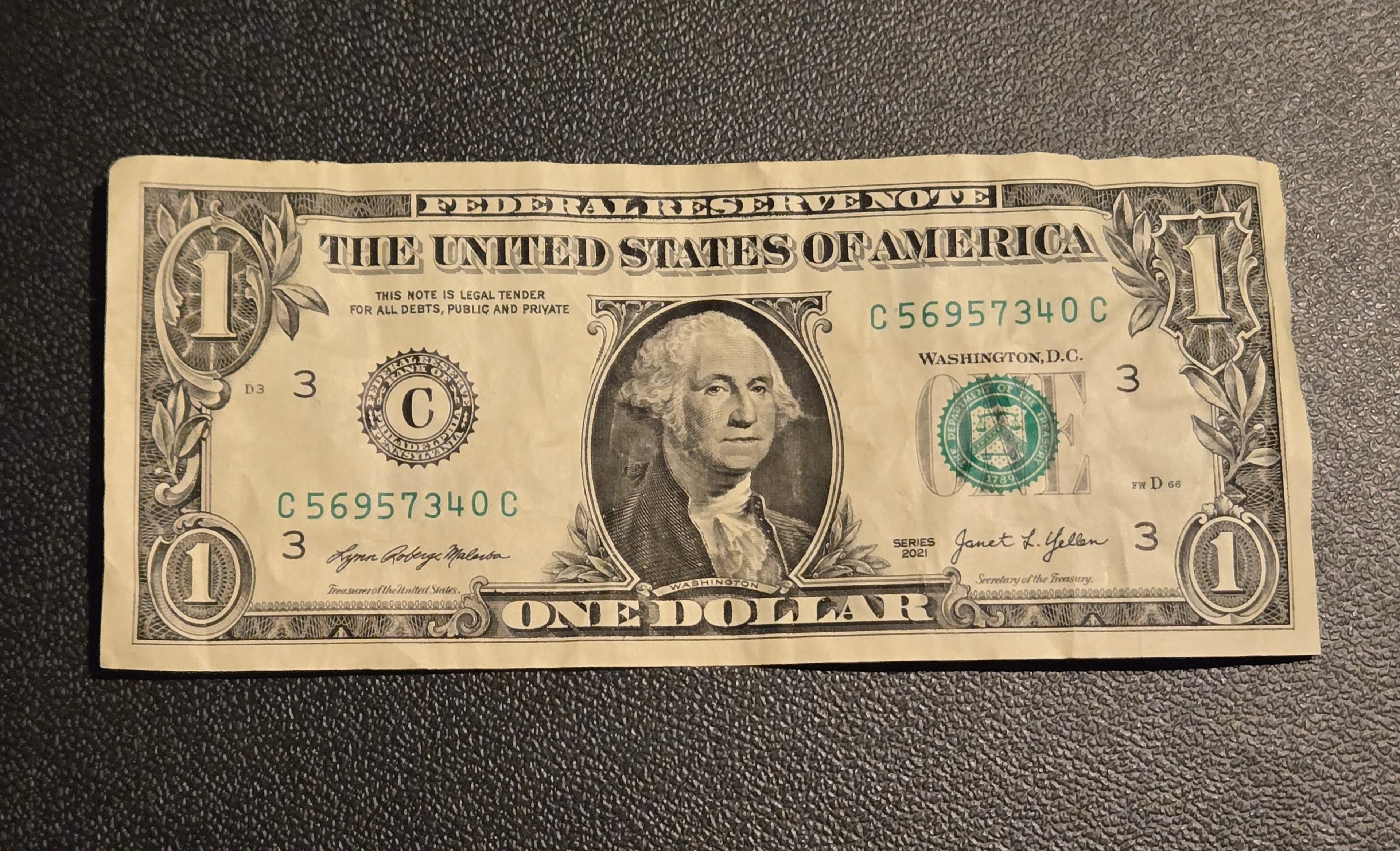 2021 $1 Federal Reserve Note Philadelphia C Series - Circulated - Image 1