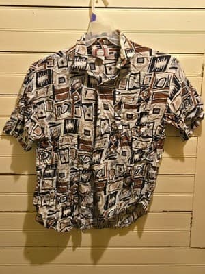 Chiamare Shirt Mens M Abstract Geometric Short Sleeve 100% Rayon Brown Navy - Image 1