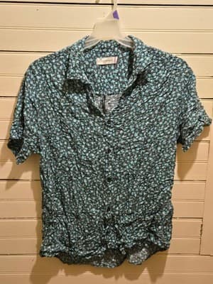 Departwest Blouse Womens XL Teal Black Short Sleeve Button Front Top Lightweight - Image 1