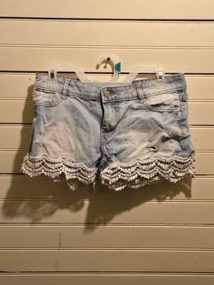 Janina Shorts Womens 36 Light Blue Denim Crochet Lace Trim Distressed Casual - Image 1
