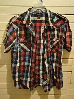 MAGS Shirt Mens 2XL Short Sleeve Plaid Button Up Casual Red Blue Black Top - Image 1
