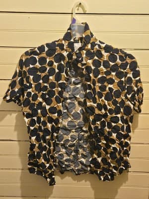 Denim & Flower Shirt Womens XL Navy Tan White Polka Dot Short Sleeve Button - Image 1