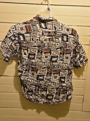 Chiamare Shirt Mens M Abstract Geometric Short Sleeve 100% Rayon Brown Navy - Thumbnail 3