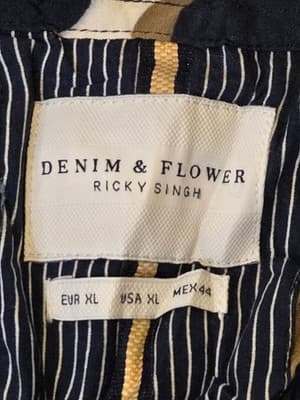 Denim & Flower Shirt Womens XL Navy Tan White Polka Dot Short Sleeve Button - Thumbnail 2